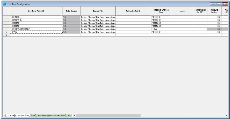 In the Live Data Configuration dialog box, Live Data Point tab, the live data files display as loaded into the table.