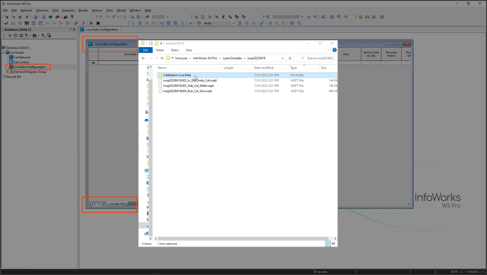 The InfoWorks WS Pro interface, with the new live data configuration object created in the Model Group, and the Live Data Configuration dialog box open in the background, with a file browser window open to the configuration files needed for this exercise.