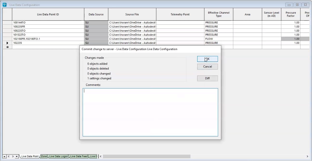 The populated Live Data Configuration dialog box open in the background, with the Commit changes to server dialog box in front, showing that 6 objects were added and 1 setting was changed.