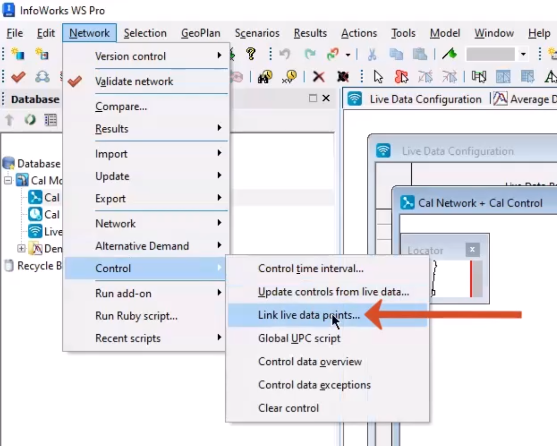 In the expanded Network menu, Control selected, and in the flyout, Link live data points selected and called out.