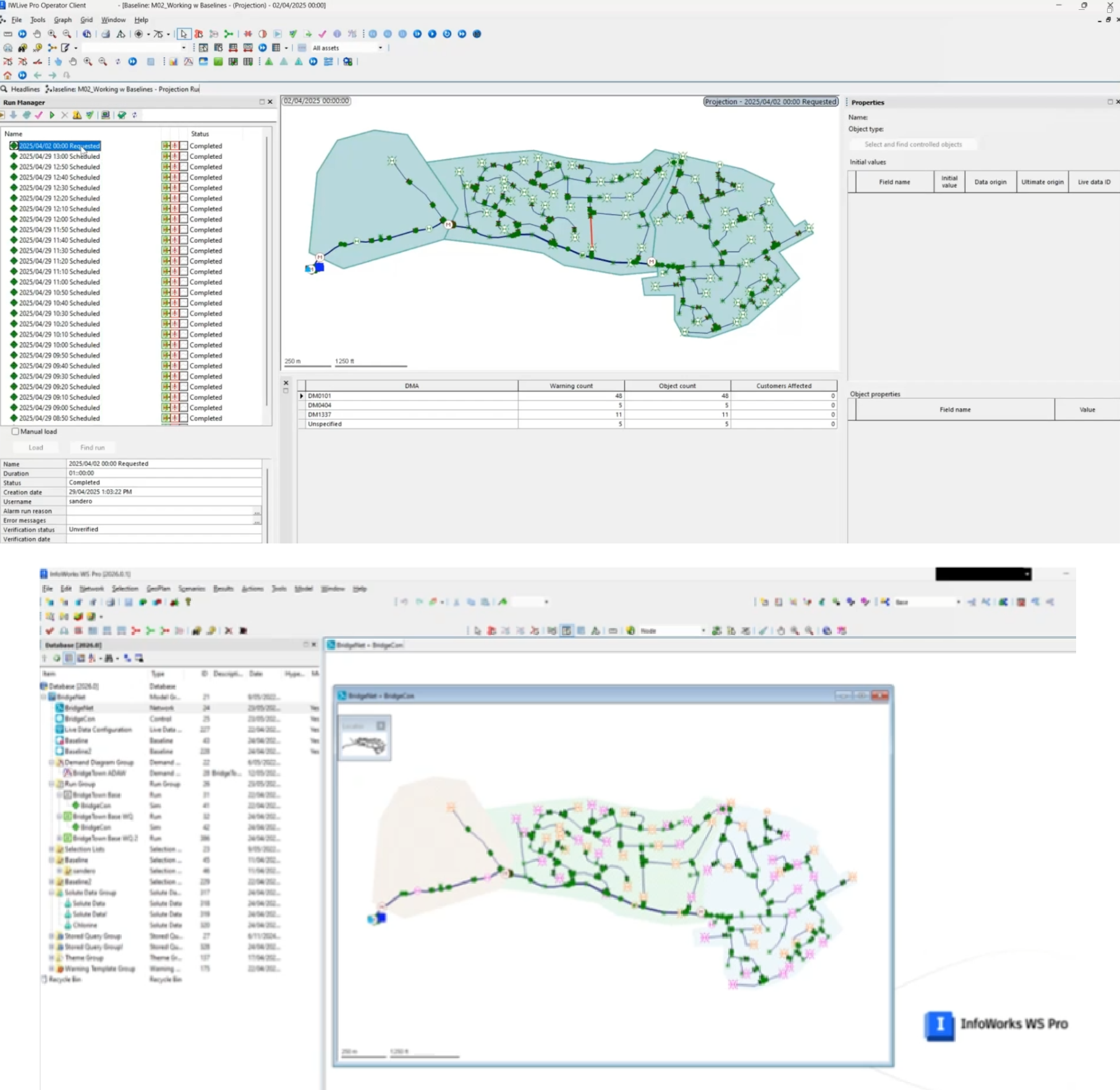 In two separate images, at the top, an example model open in the IWLive Pro Operator Client interface, and at the bottom, the same model open in the InfoWorks WS Pro interface.
