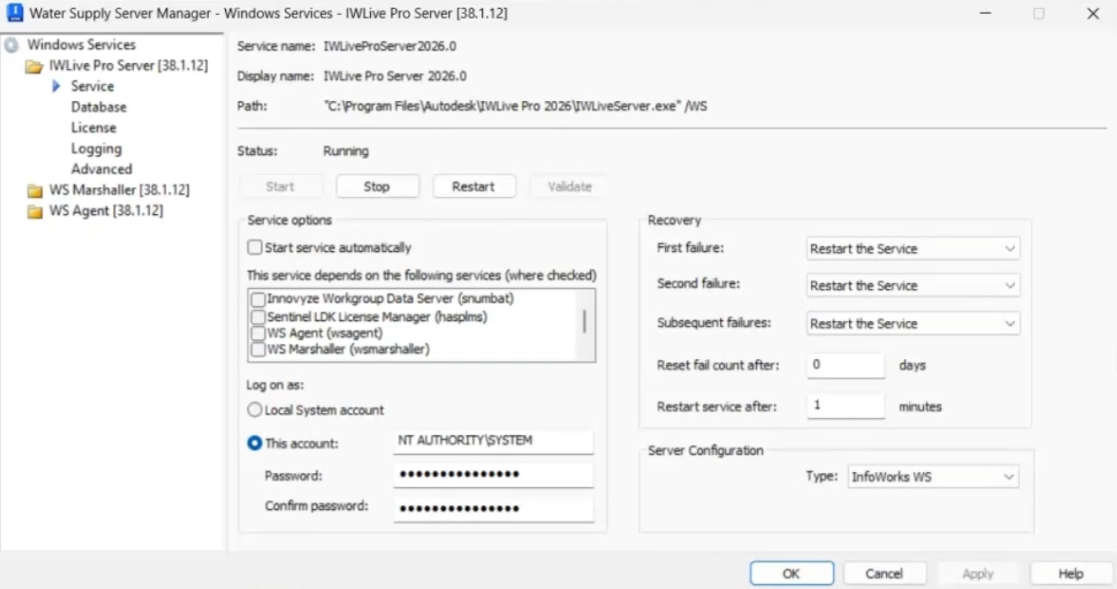 In the Water Supply Manager, settings for the IWLive Pro Server.