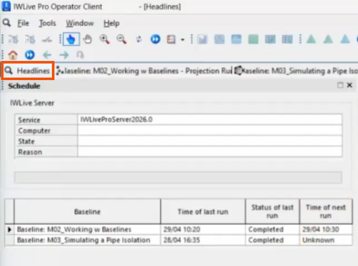 In IWLive Pro, a zoomed-in view of the Headlines tab, Schedule window ...