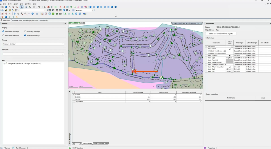 The IWLive Pro interface, with the location of a suspected pipe burst called out by a red arrow in the GeoPlan.
