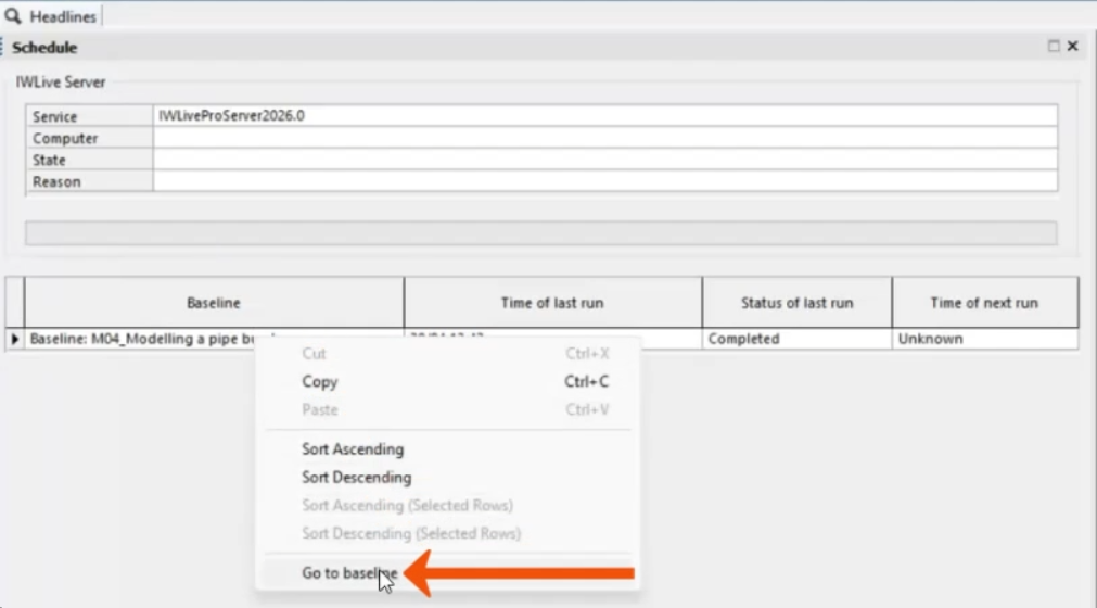 The Headlines page, Schedule tab, with the context menu for the baseline expanded and Go to baseline being selected and called out with a red arrow.