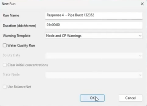 The New Run dialog, with all options set to the defaults.