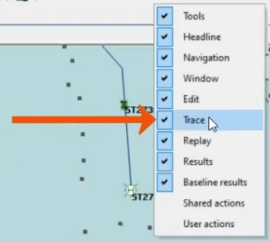 The context menu for the toolbar expanded, with Trace selected and called out with a red arrow.