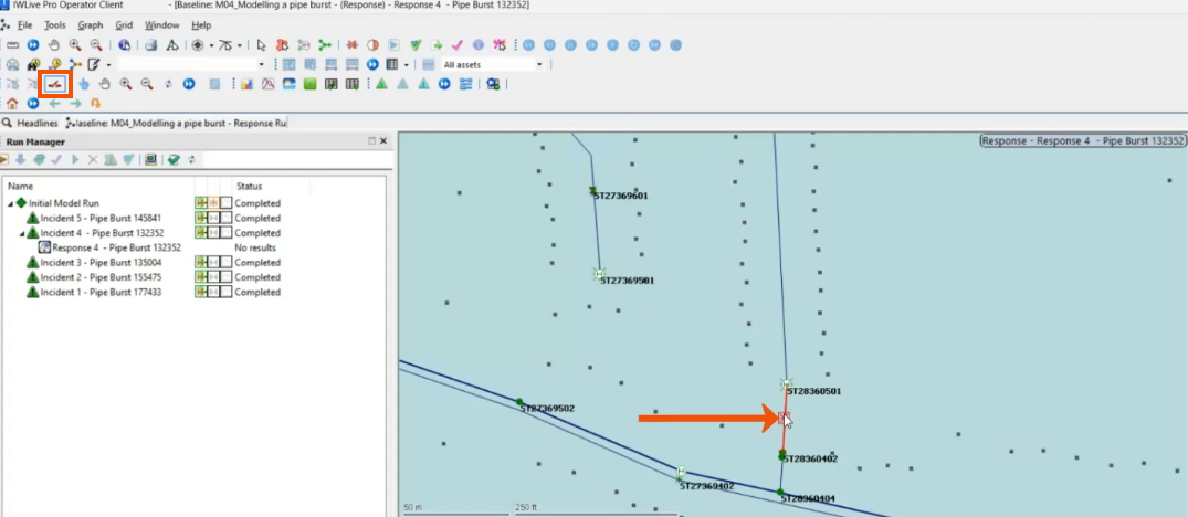 On the toolbar, Isolation selected and highlighted in red. In the GeoPlan, the pipe where the burst is configured selected and called out with a red arrow.