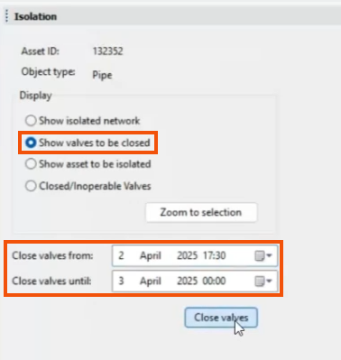 In the Isolation window, the settings configured for this example and highlighted in red, and Close values being selected.