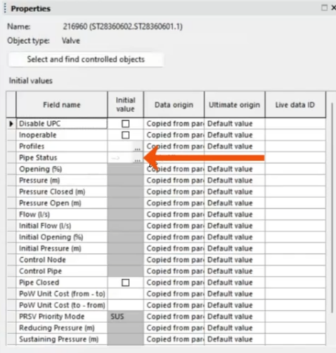 In the Properties window, the Initial values table, with More (…) for the Pipe Status called out with a red arrow.