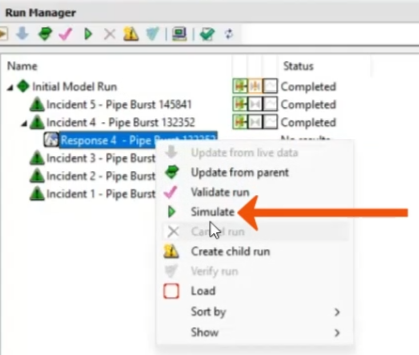 The Run Manager, with the context menu for the response run expanded and Simulate being selected and called out with a red arrow.