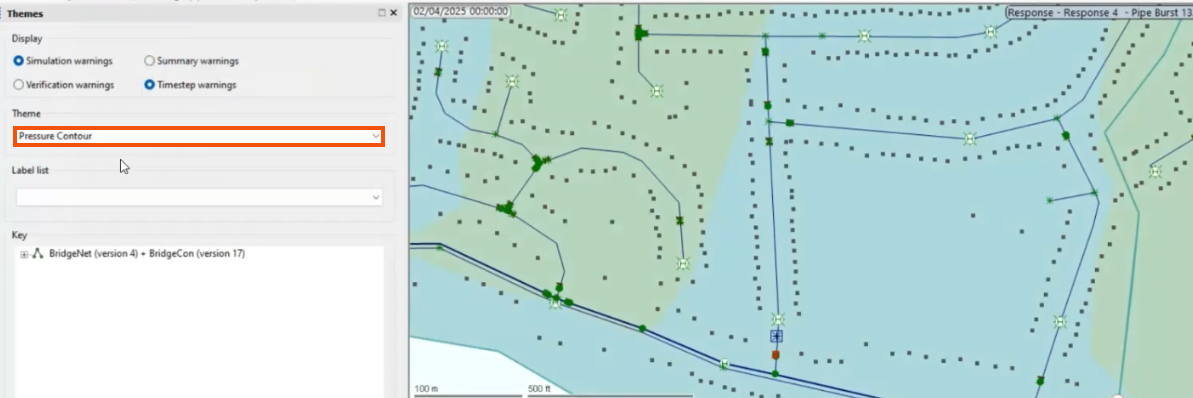 In the Themes window, Pressure Contour selected and highlighted in red, and in the GeoPlan, the pressure contour theme applied.