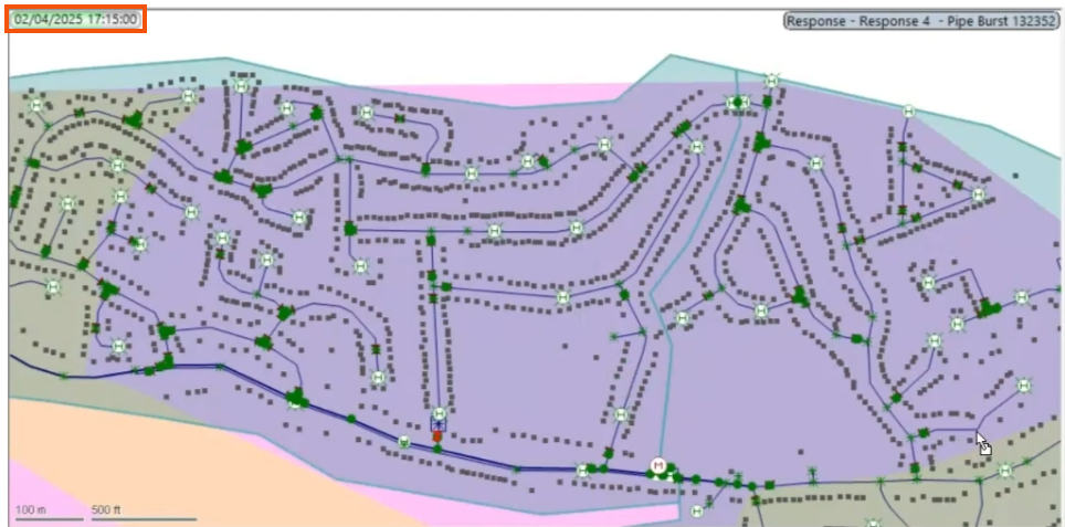 The GeoPlan, with the Replay timer paused at 5:15 PM and highlighted in red, and the Map view showing the affected area before the pipe isolations.