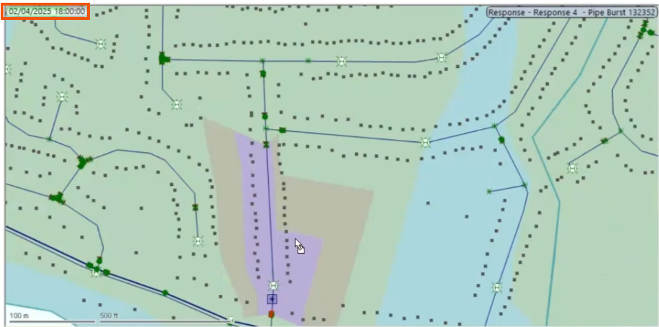 The Replay timer paused at 6 PM and highlighted in red, and in the Map view, the much smaller affected area after the pipe isolations is highlighted in purple.