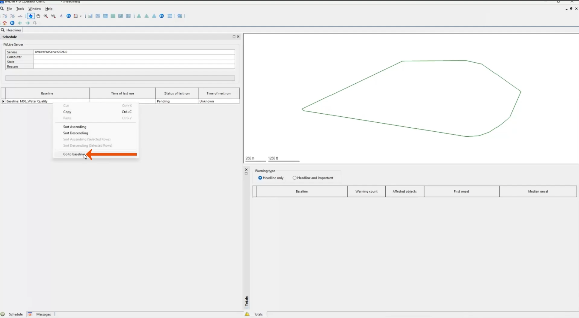The IWLive Pro interface, with the context menu for the baseline expanded and Go to baseline being selected and called out with a red arrow.