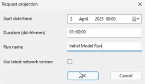 The Request projection dialog, with the Start date/time, Duration, and Run name configured for this example and OK being clicked.