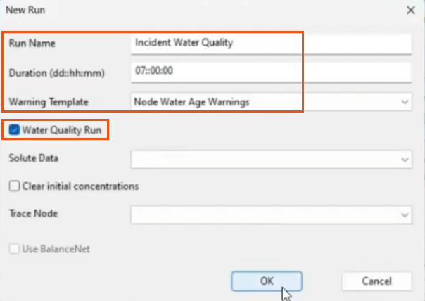 In the New Run dialog, the Run Name, Duration, and Warning Template configured for this example and highlighted in red, with Water Quality Run enabled and highlighted in red.
