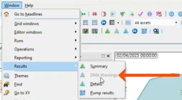 The Window menu expanded, with Results selected and, in the flyout, DMA Warnings called out with a red arrow.