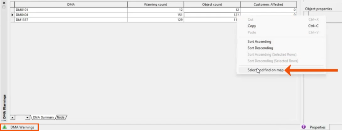 On the DMA Summary tab, in the DM0404 row, the context menu for Object count expanded, with Select and find on map being selected and called out with a red arrow.