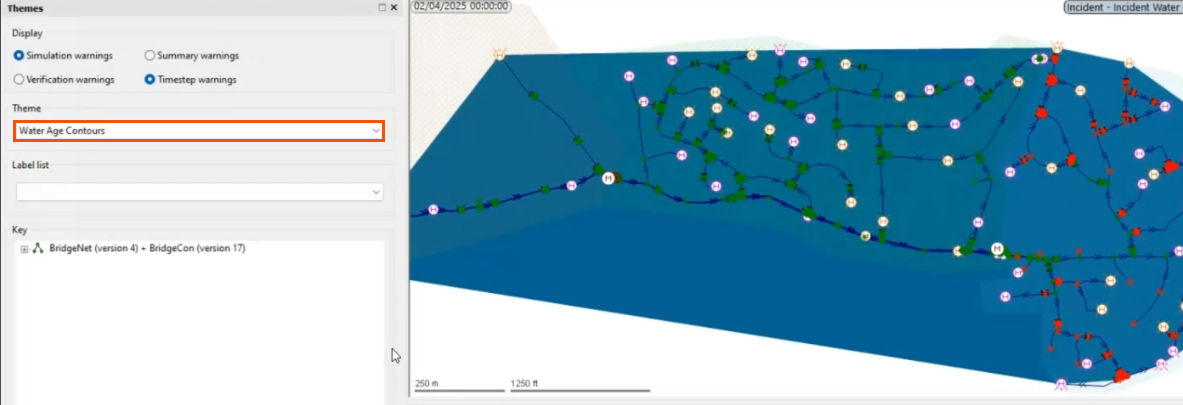 In the Theme window, Water Age Contours selected and highlighted in red, and in the GeoPlan, the theme applied.