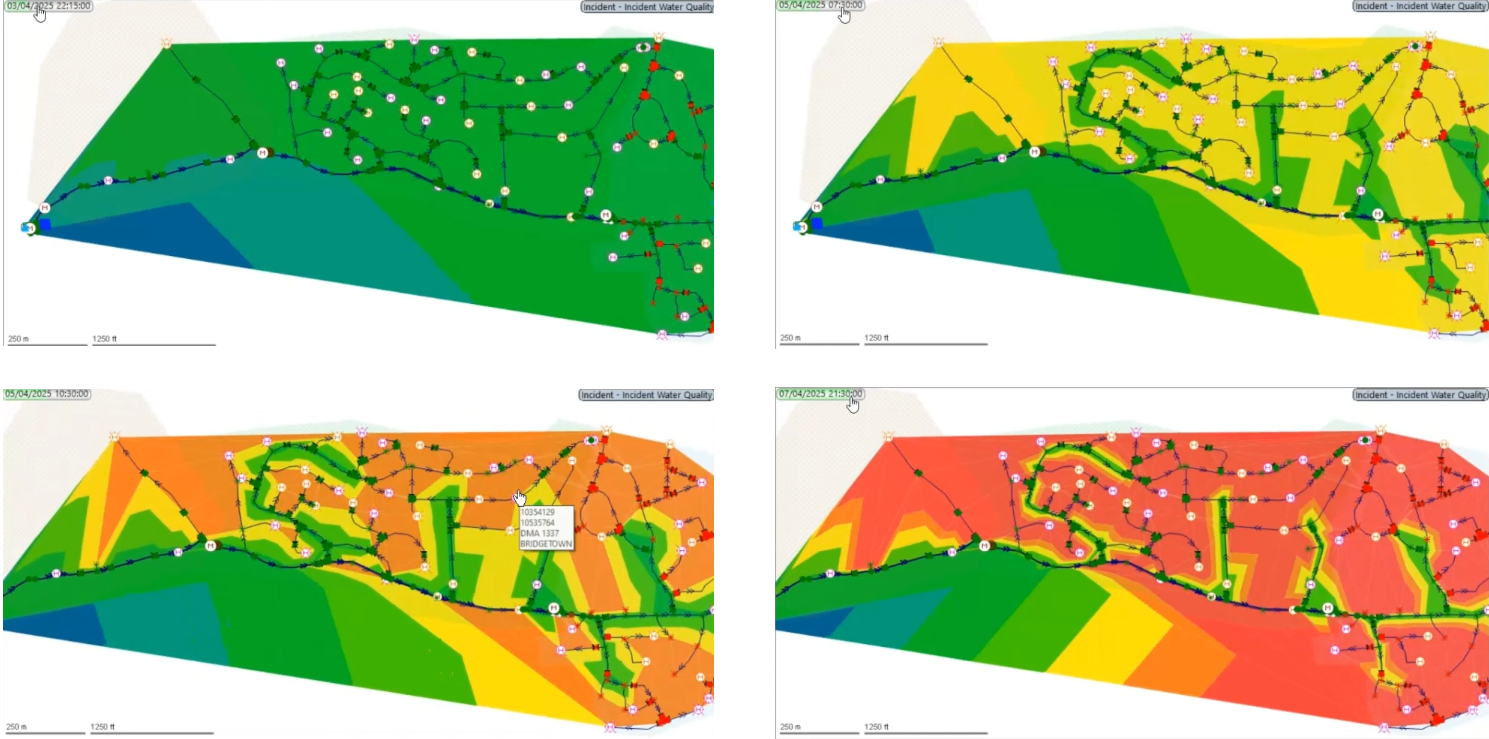 Four snapshots of the water age contour map updating over time during the simulation. The image taken at the earliest time is on the top left, followed by the top right, the bottom left, and the bottom right.