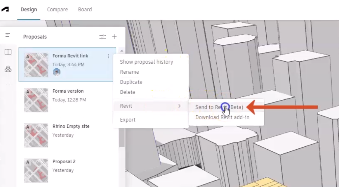 From the Proposals list, the expanded three-dot menu for the duplicate proposal, with Revit selected, and with Send to Revit (Beta) selected in the flyout.