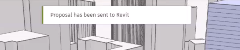 On the canvas, a message confirming that the proposal was sent to Revit.