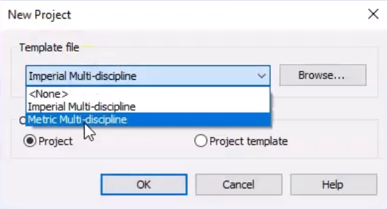 In the New Project dialog box, the expanded Template file drop-down, with Metric Multi-discipline being selected.