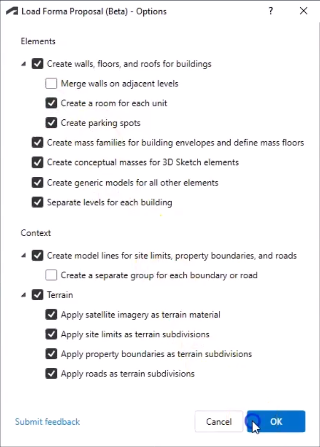 In the Load Forma Proposal (Beta) – Options dialog box, a list of Elements and Context geometry that can be loaded, with checkboxes next to each.