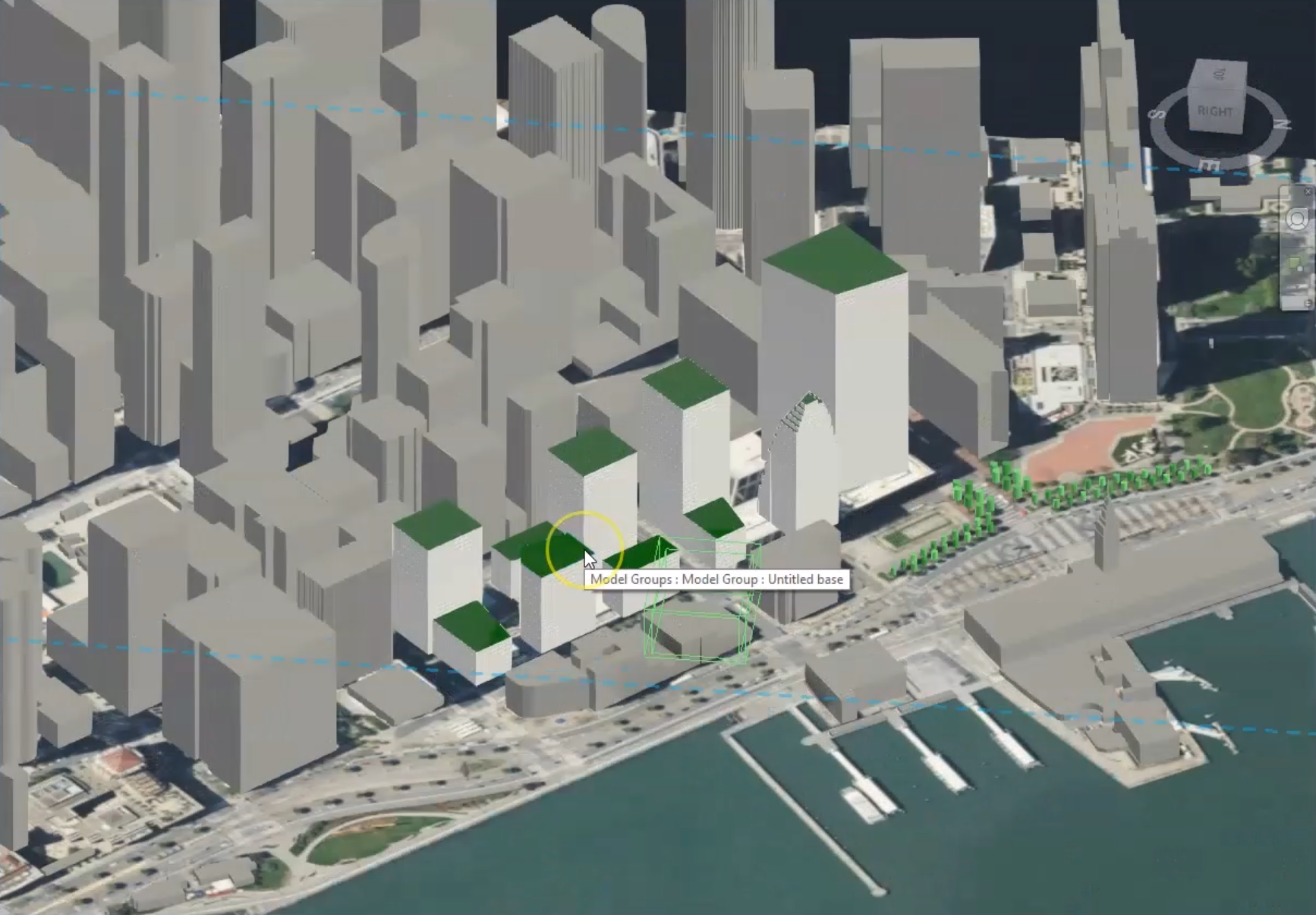 The Forma design after it is brought into Revit shows the model group with contextual buildings, trees, roads and other design components.