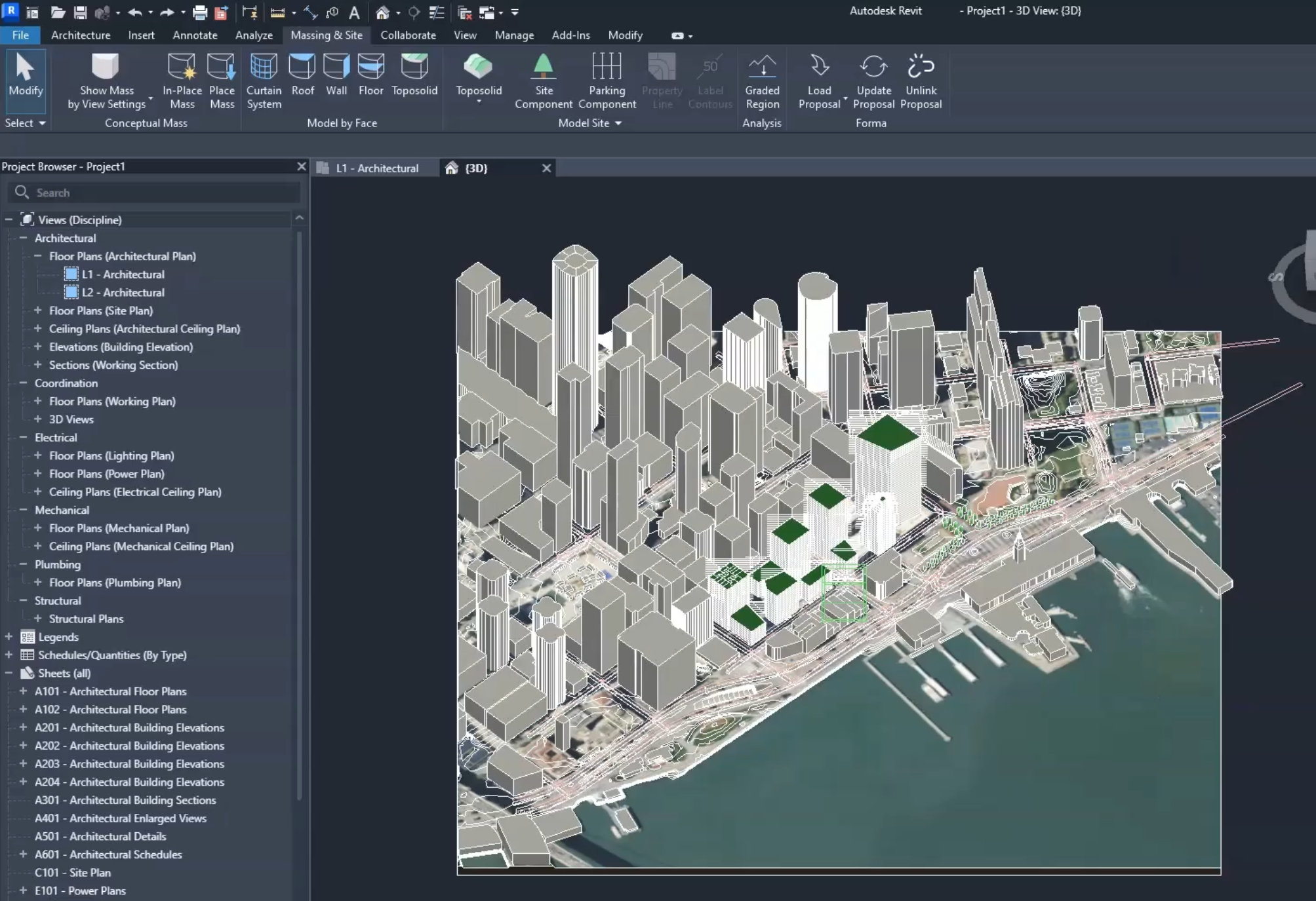 In the Revit interface, the open Forma design displays a proposed group of model buildings surrounded by contextual buildings, trees, roads, and other design components