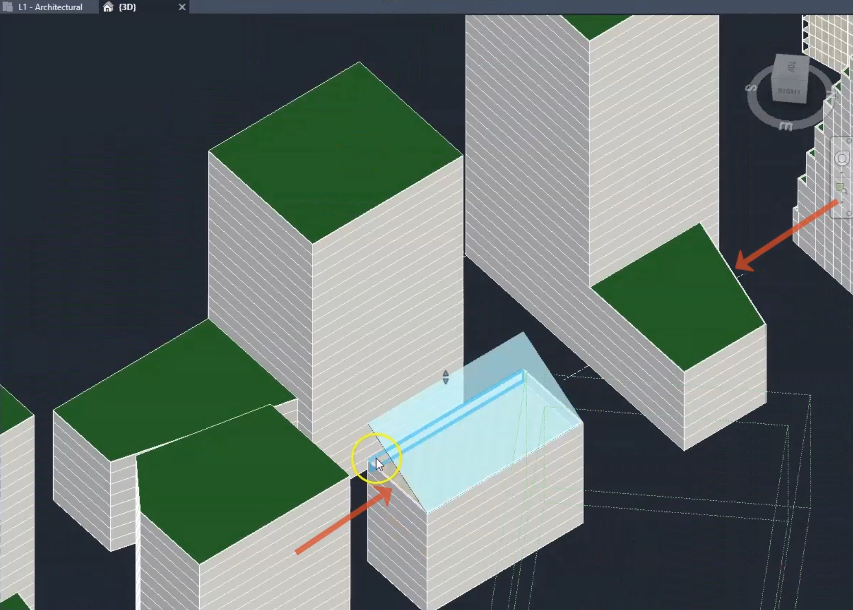 The Forma proposal in the Revit drawing area, with all of the design components hidden except the proposed buildings, while changes are being made to the rooflines of two of the buildings.