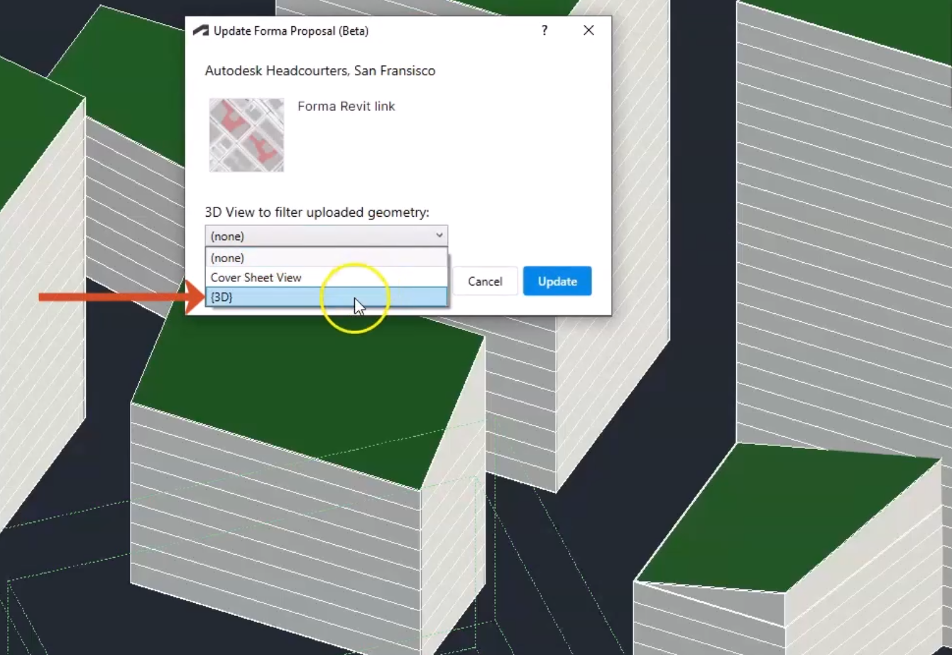 The Revit drawing window showing the Update Forma Proposal (Beta) dialog box, with 3D being selected in the expanded drop-down, and in the background, the model group, with changed rooflines on two of the buildings.