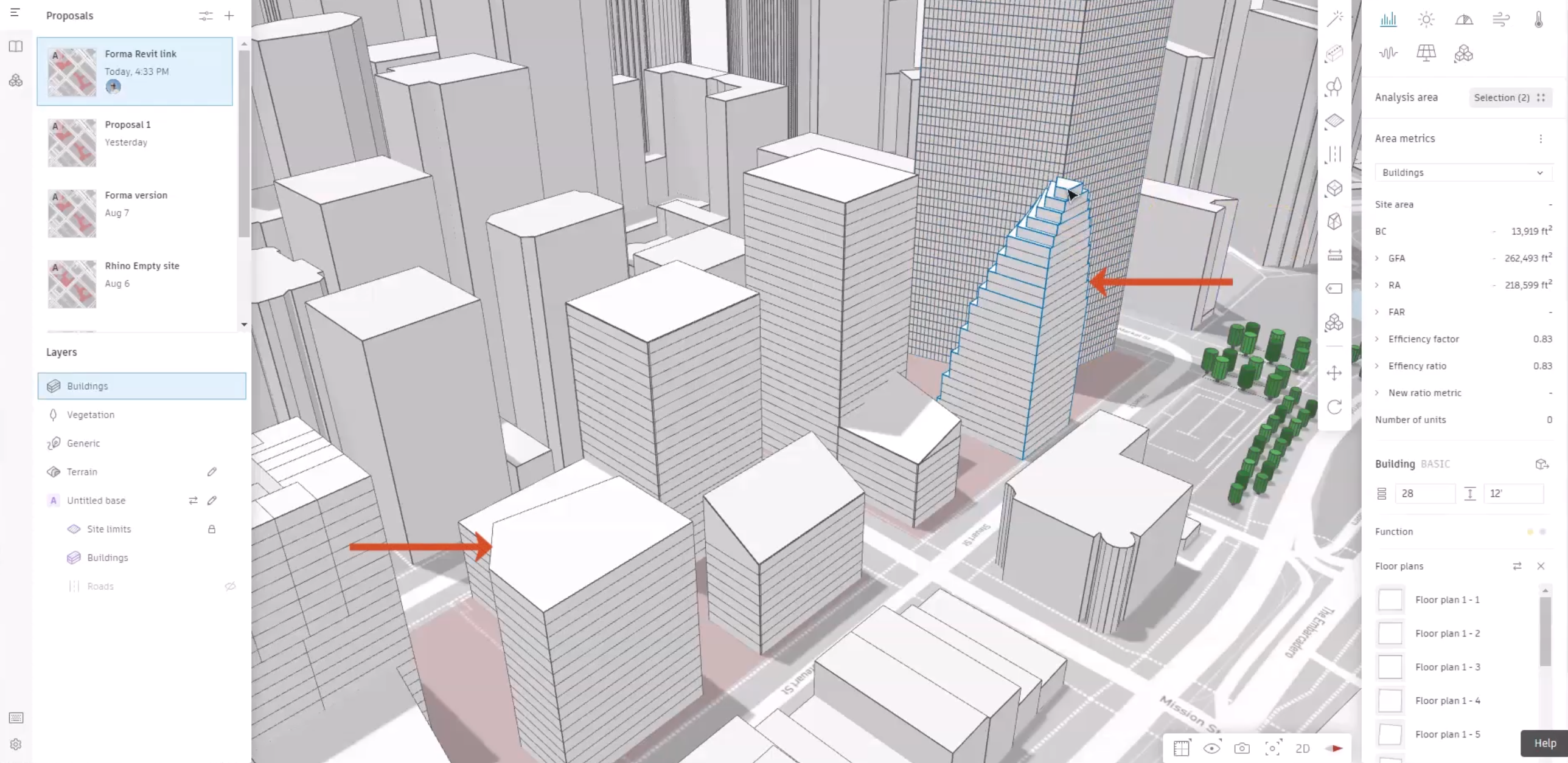 The Forma interface, showing the proposal sent back from Revit open on the canvas. The two buildings without Revit changes are called out, one of these buildings is selected, and areas for the selected building are displayed in the right panel.