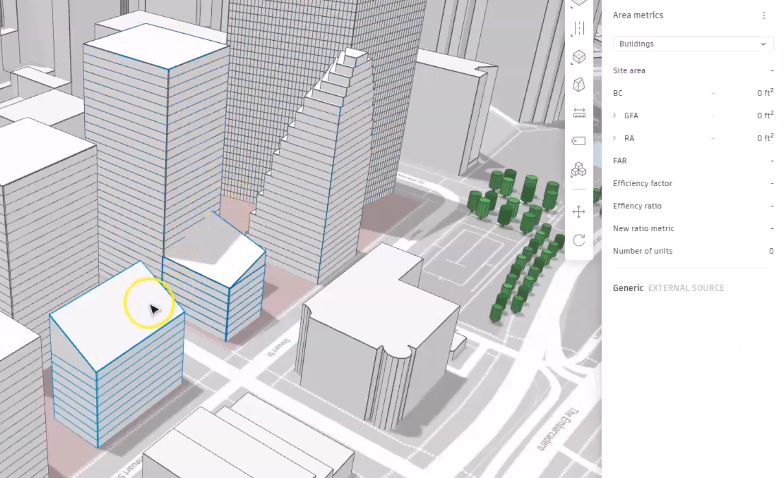 In Forma, one of the buildings with Revit changes is selected on the canvas, with no area metrics calculated in the right panel.