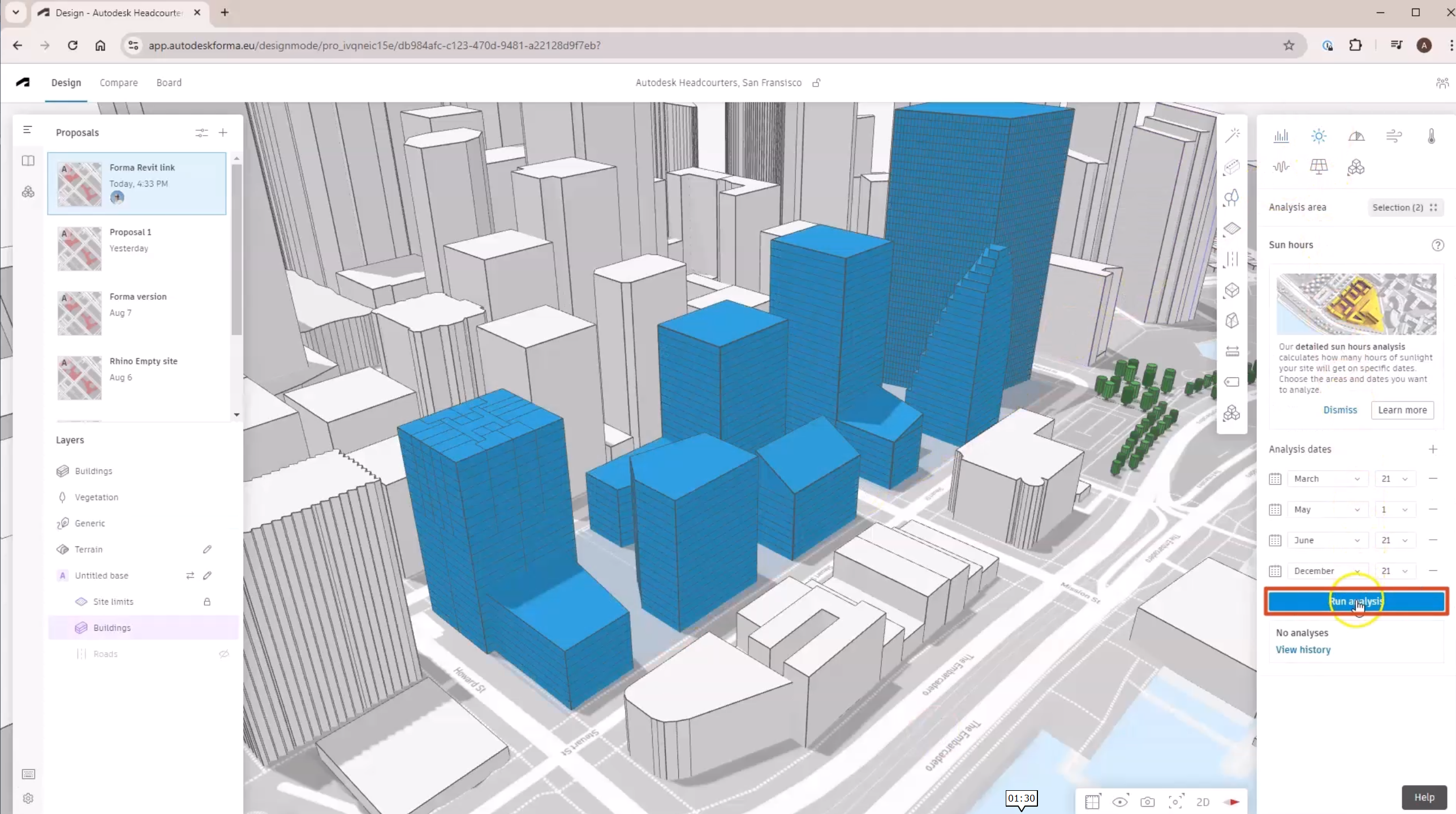 In the Forma interface, the Revit version of the design proposal open on the canvas, and Run Analysis is  selected and highlighted in the right pane.