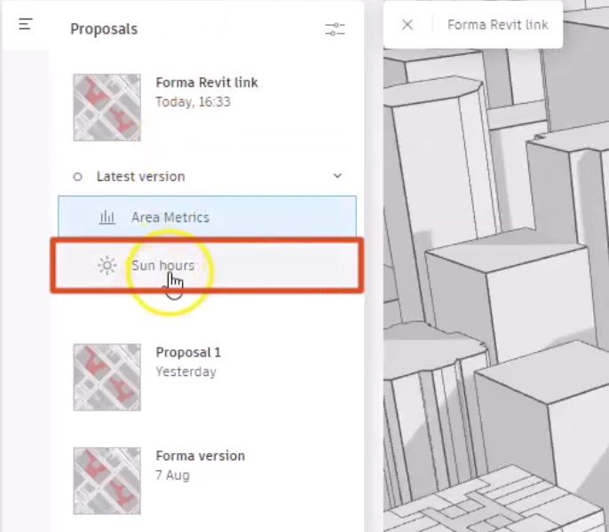 Under Proposals, in the available analyses for the Revit version of the proposal, Sun hours is selected and highlighted in red.