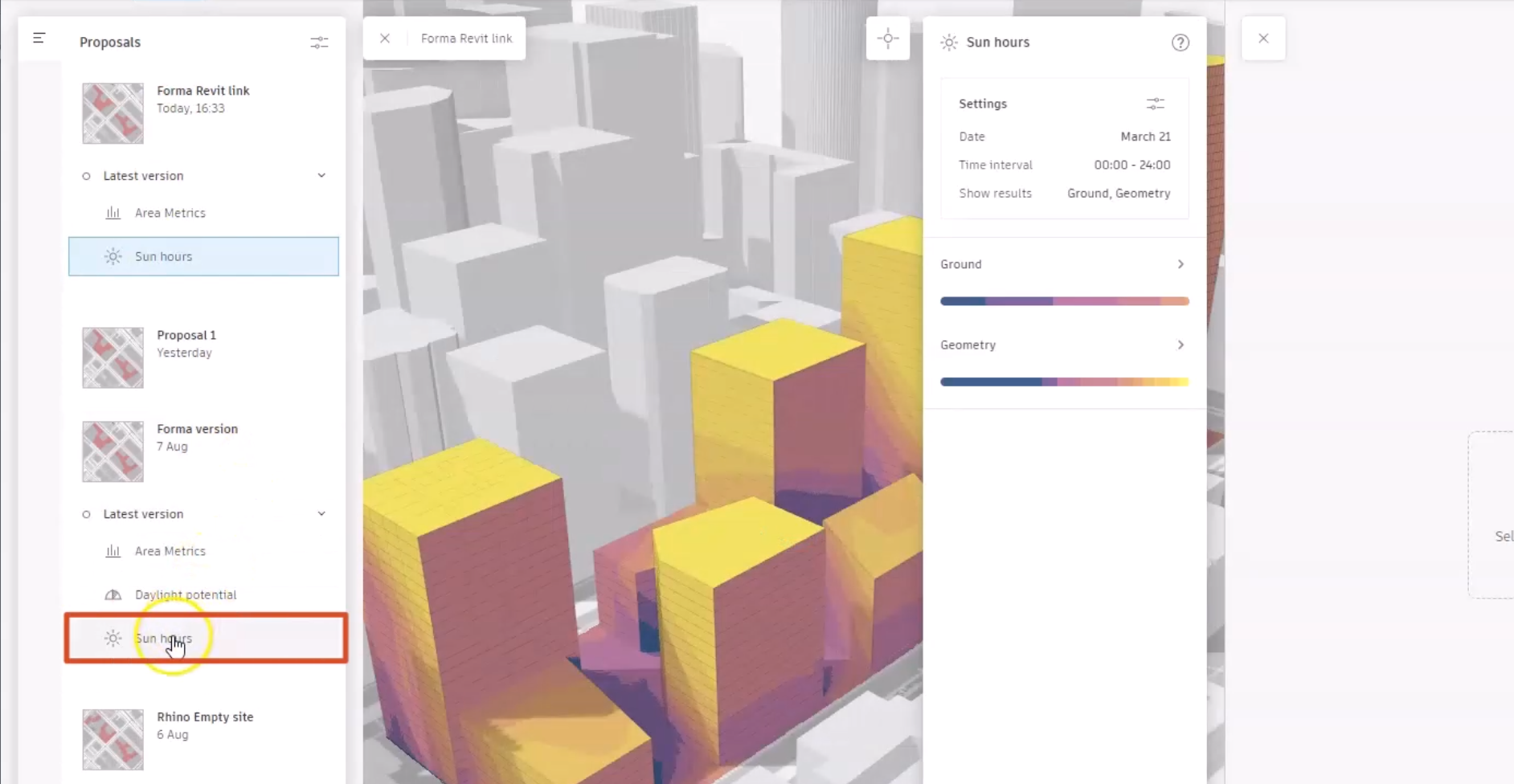 Under Proposals, in the available analyses for the Forma version of the proposal, Sun hours is selected and highlighted in red.