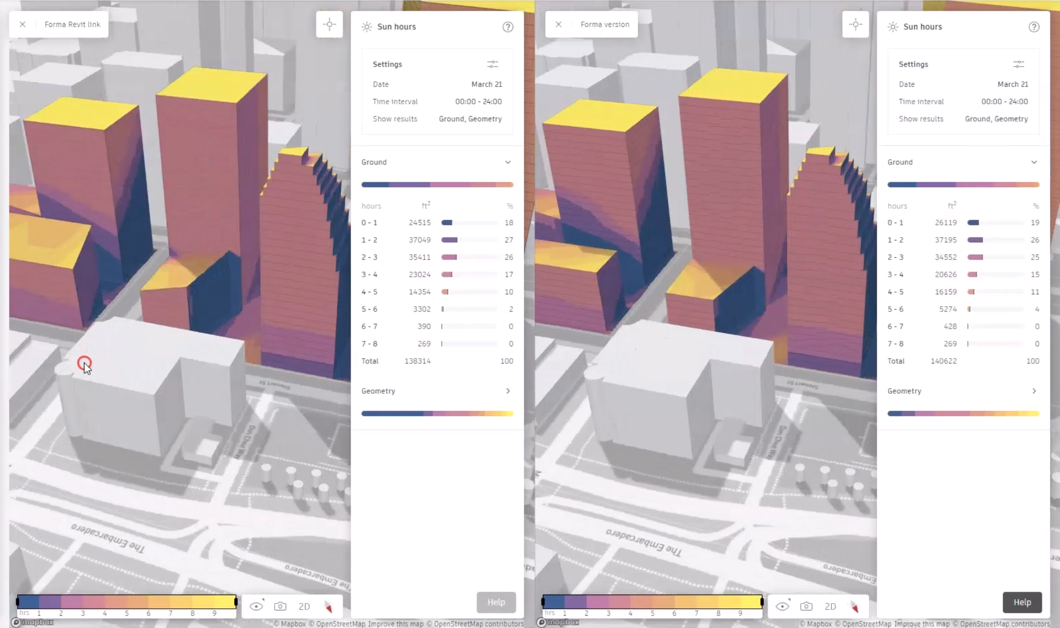 With the Revit and Forma versions of the design displayed side-by-side in the split view of the canvas, rotating one of the views shows the other design updating accordingly.