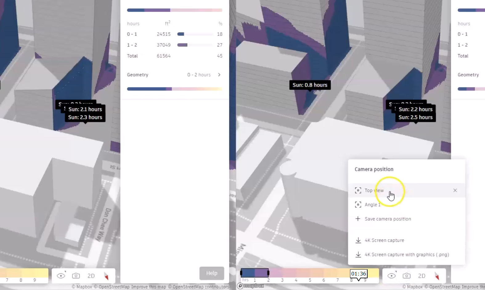 From the visibility and orientation toolbar, Camera position is expanded with Top View being selected. The analysis bar is filtered to 2 hours, and in the views, the results are limited to geometry that receives between zero and two hours of sun daily.