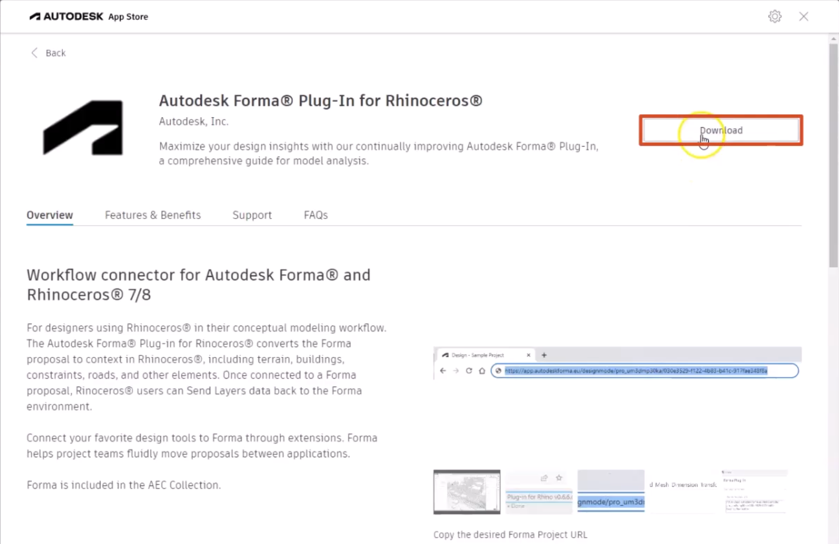 The Extensions dialog box, which displays an overview of the Rhino plug-in, with the Download button selected and highlighted in red.