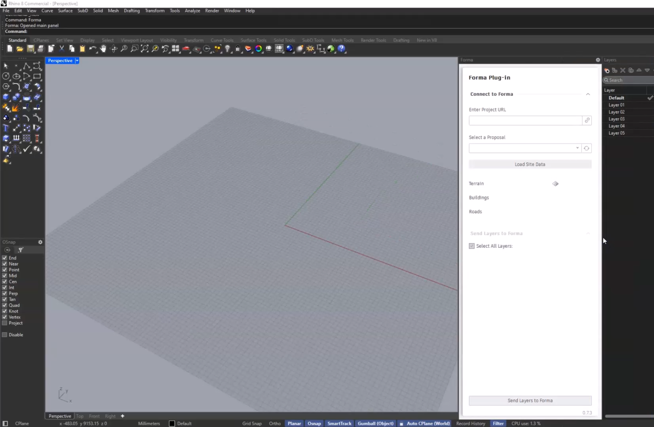 In the Rhino interface, with the relevant project data open, the Forma Plug-In dialog box is docked next to the Layers panel on the right side of the interface.