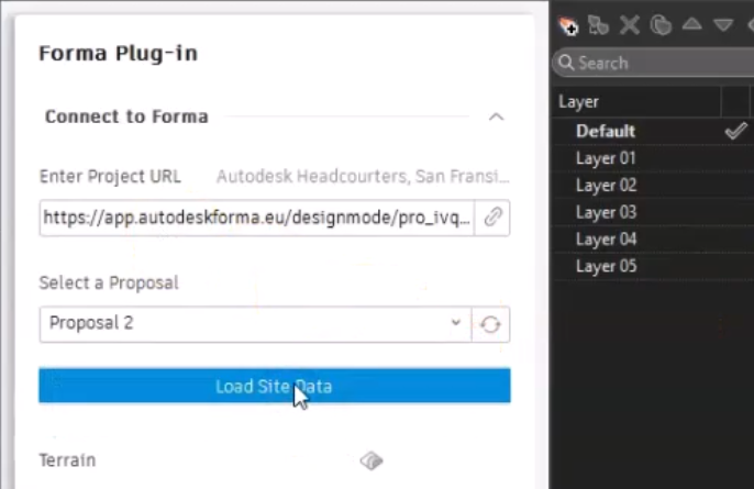 In Rhino, in the Forma Plug-In panel, the Forma project URL and proposal are identified in the appropriate fields, and Load Site Data is being selected.