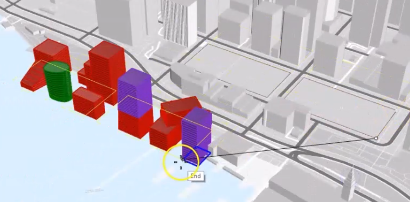 On the Rhino canvas, the site limit is being clicked and dragged to align with the Rhino geometry of the buildings.