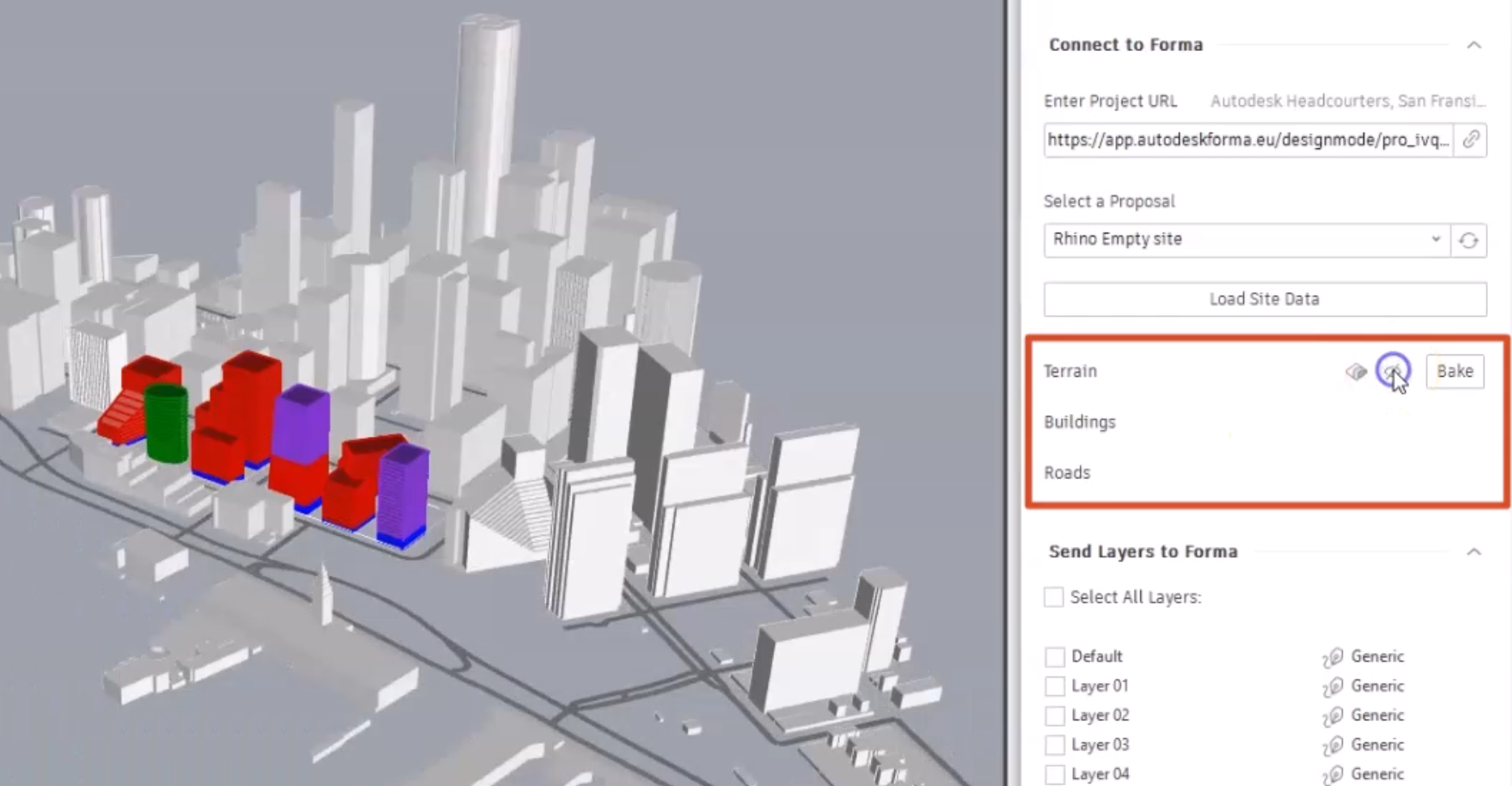 In Rhino, in the Forma panel, the visibility icon is selected to hide the Terrain elements; and on the canvas, with the site limit properly aligned, the buildings and roads are visible, but the terrain is hidden.