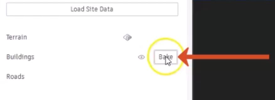 In the Forma panel, Bake is selected and called out next to Buildings.