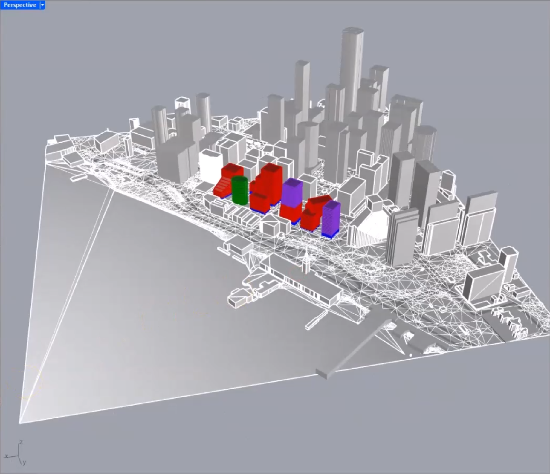 On the Rhino canvas, the baked buildings and terrain Forma elements changed to mesh objects with their own layers.