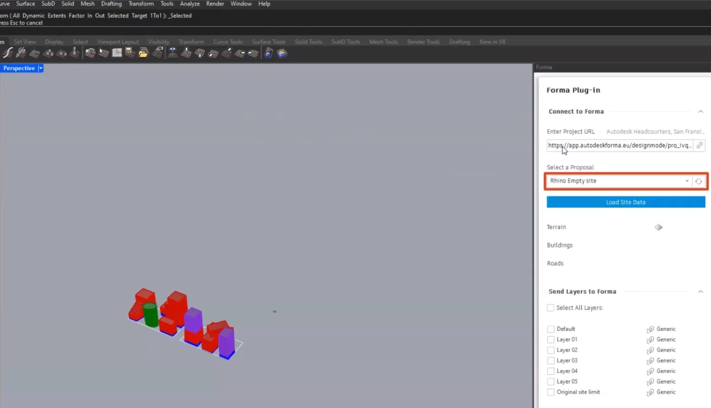 In the Rhino interface, the project is open in the Perspective view showing a model group of buildings; and in the docked Forma panel, the project URL has been pasted in, and the Rhino Empty site proposal is selected and highlighted in red.