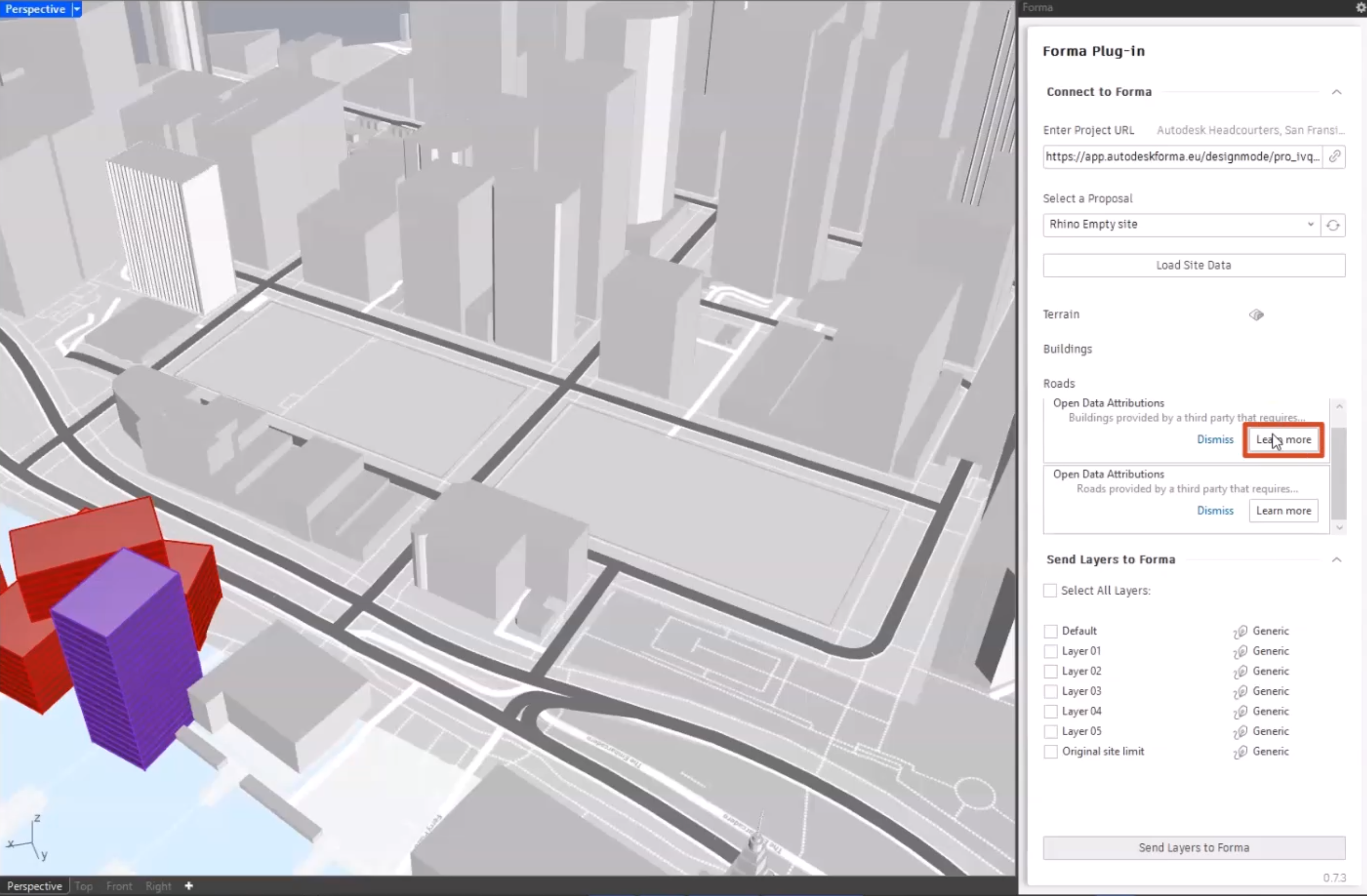 In Rhino, on the canvas, the terrain, buildings, and roads Forma data is now visible; and in the Forma Plug-In panel are Open Data Attributes messages for Roads, with Learn More highlighted in red.