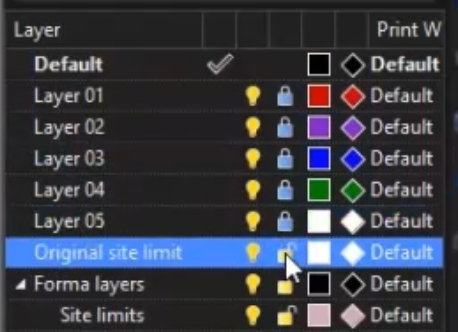 The Layers panel shows each of the numbered layers locked, indicated by the closed Lock icon, and the Lock icon next to Original site limit is being clicked.